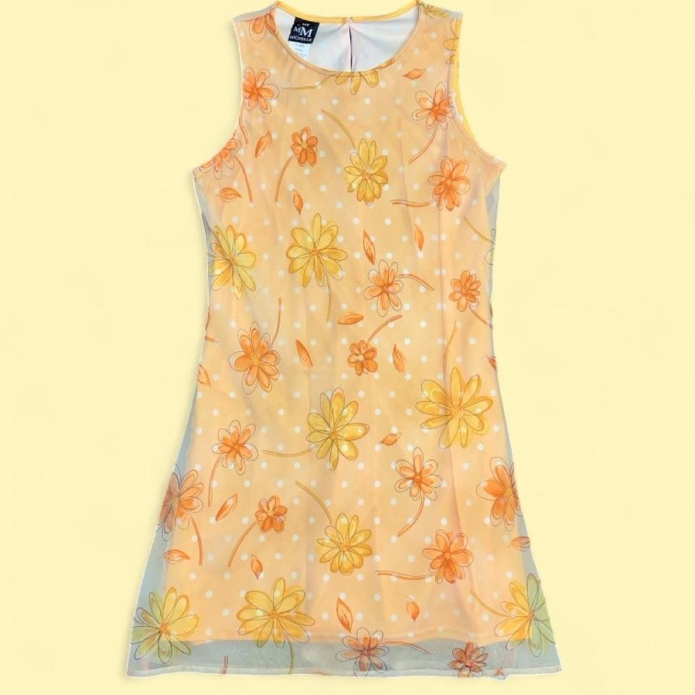 Vintage My Michelle Slip Dress 11/12 Orange Floral Sheer Mesh Y2K Mini